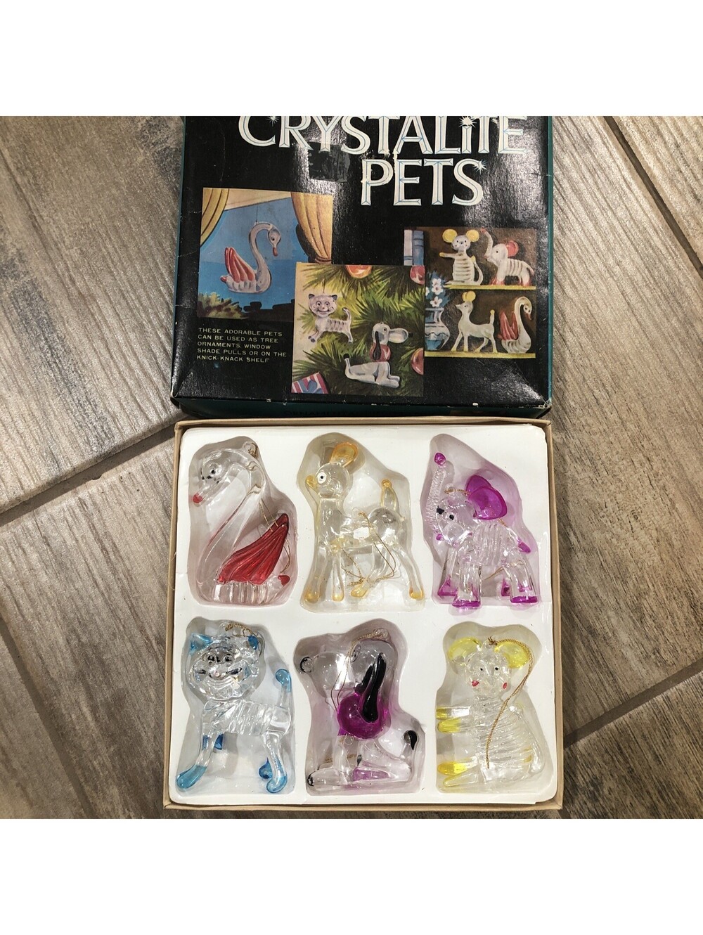 Vintage Crystalite Pets Ornaments Set of 6 Plastic Christmas Decor 1970s READ